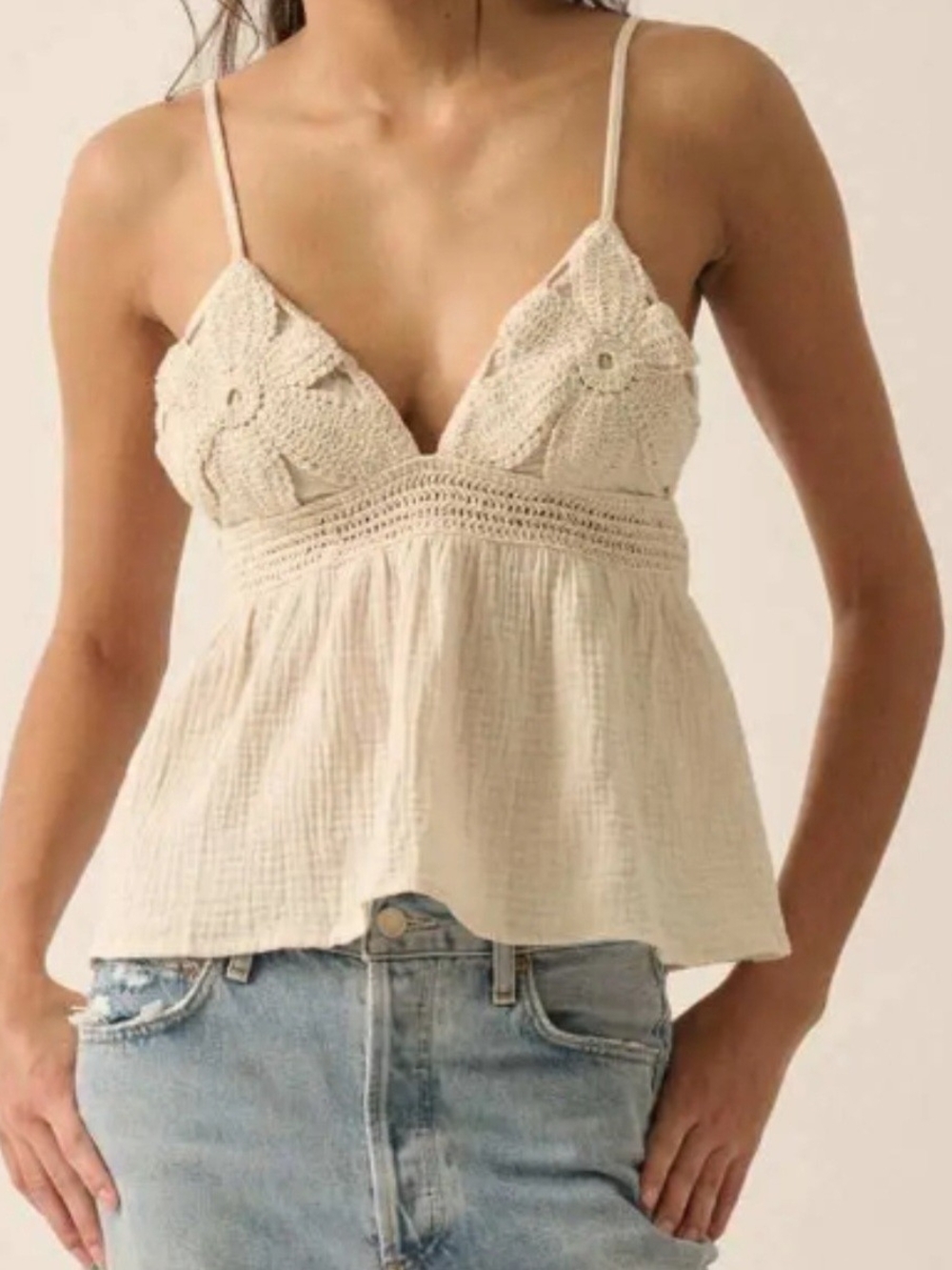 Zara Cream Crochet-Detail Spaghetti Strap Camisole